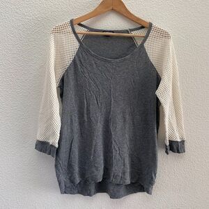 Express 3/4 Sleeve Mesh Detail Scoop Neck Shirt Top Large Gray Work Career